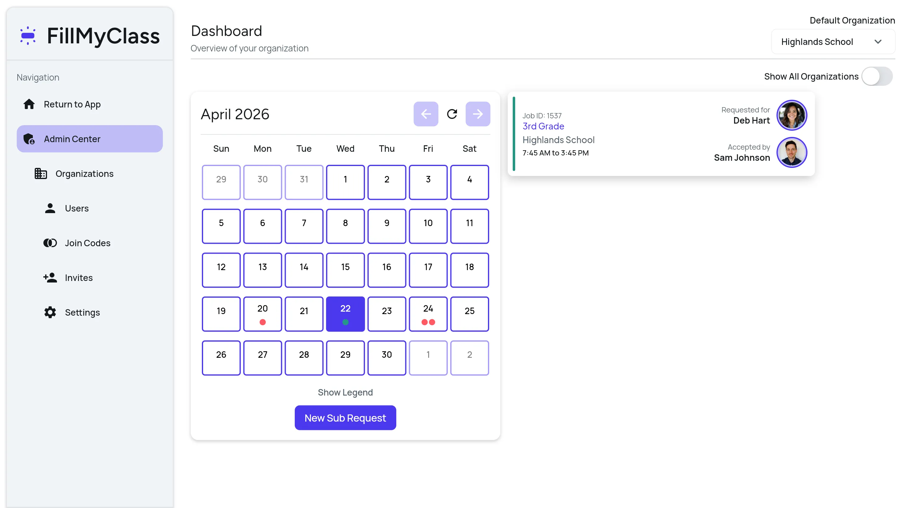 FillMyClass admin dashboard