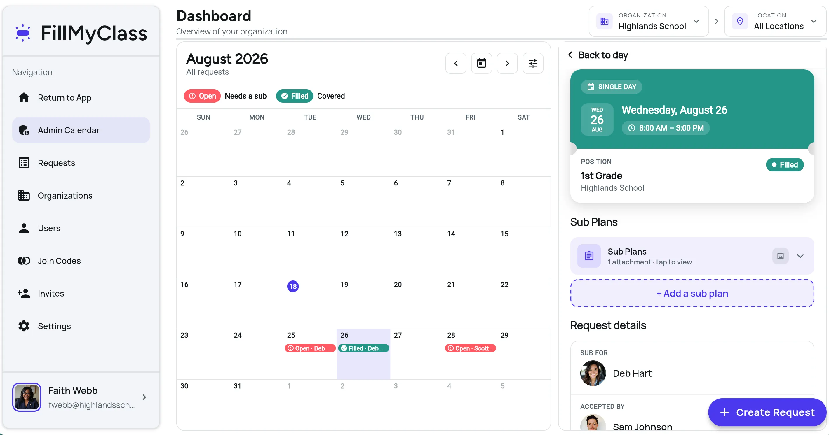 FillMyClass admin dashboard