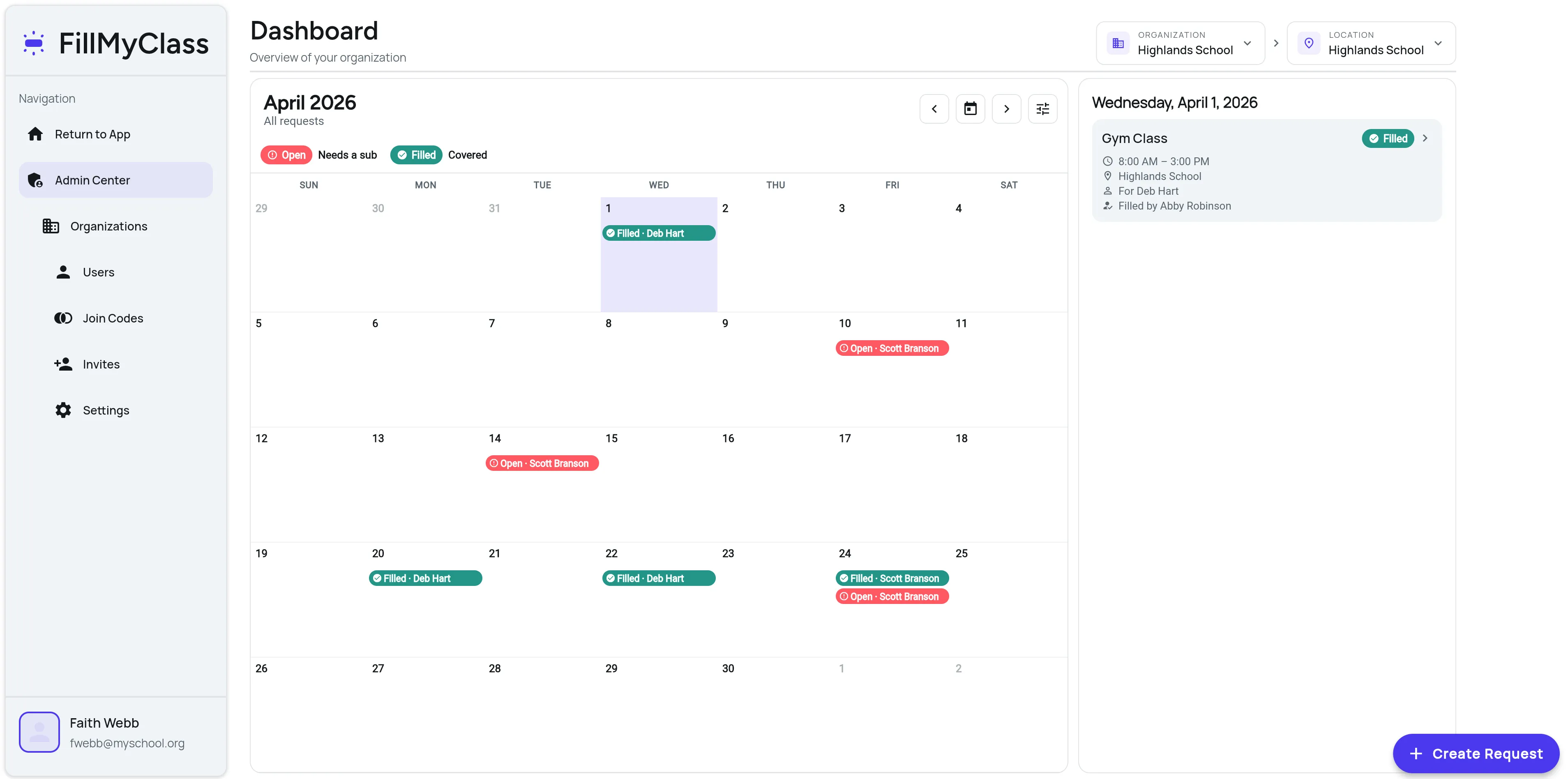 FillMyClass admin dashboard
