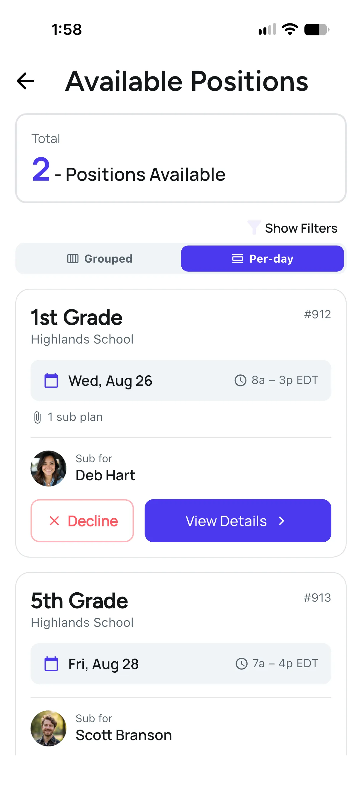 FillMyClass - Available Positions list