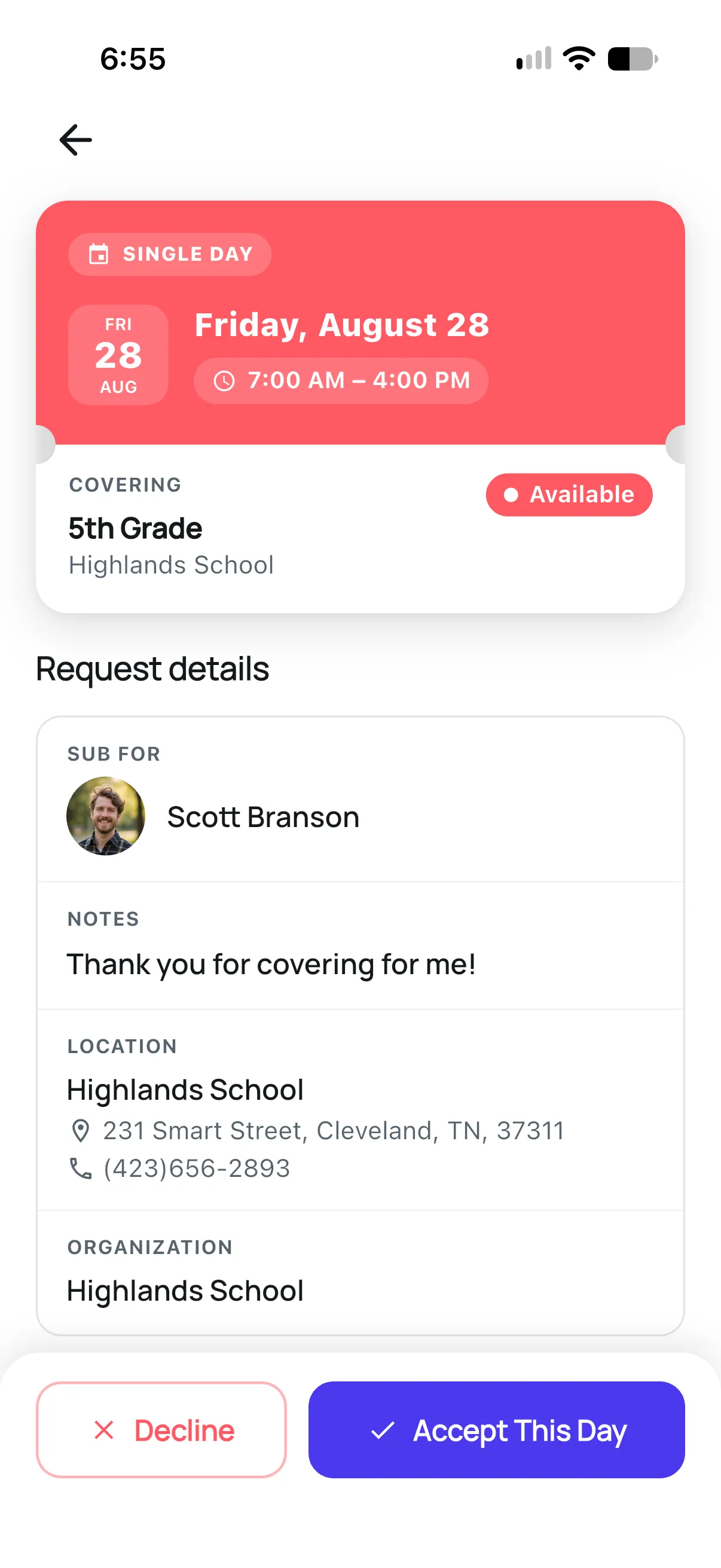 FillMyClass available positions for subs