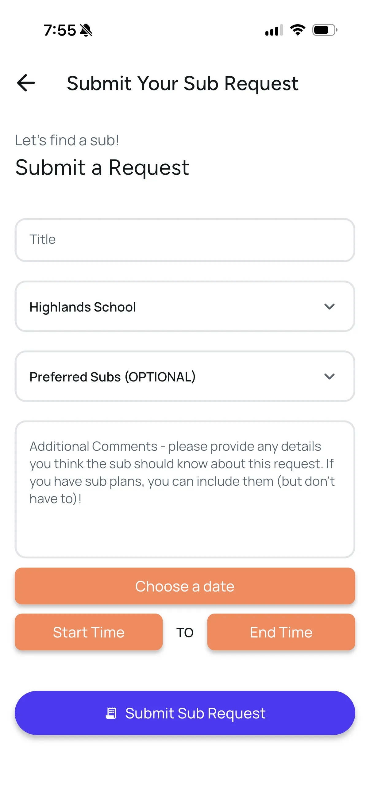 FillMyClass teacher sub request form