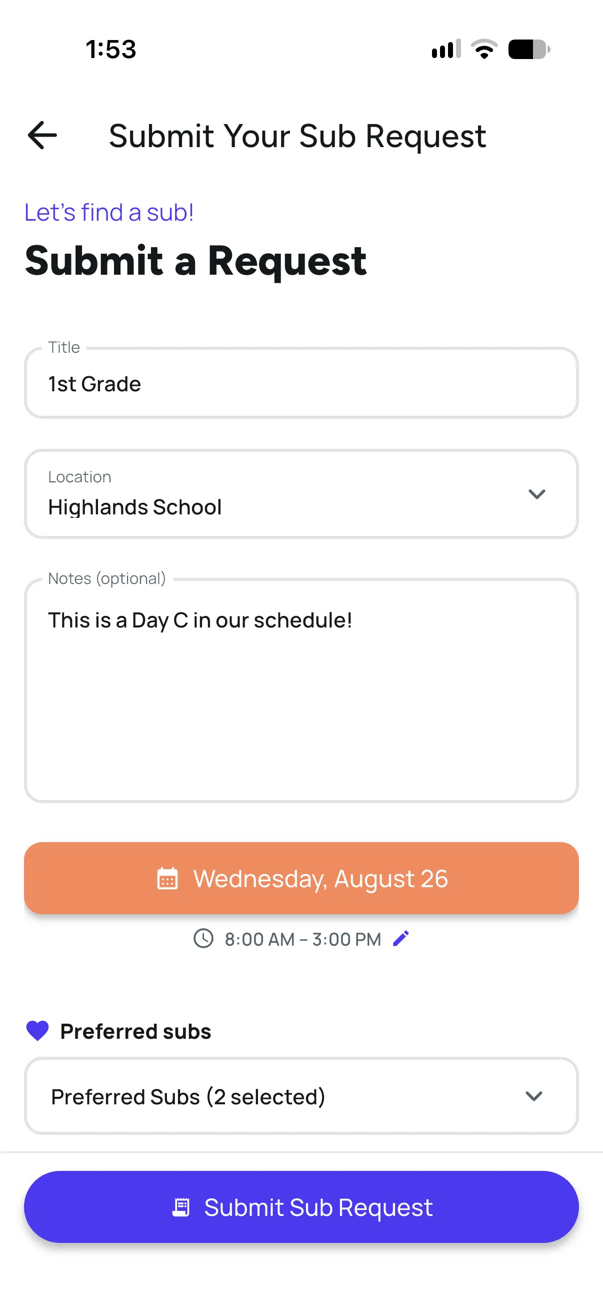 FillMyClass teacher sub request form
