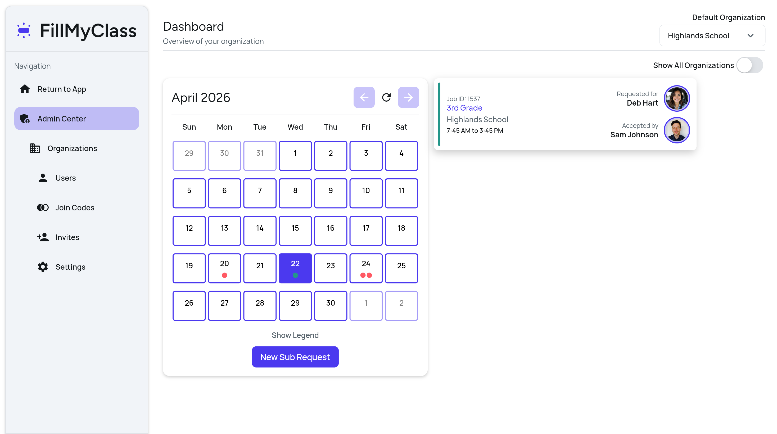 FillMyClass admin dashboard
