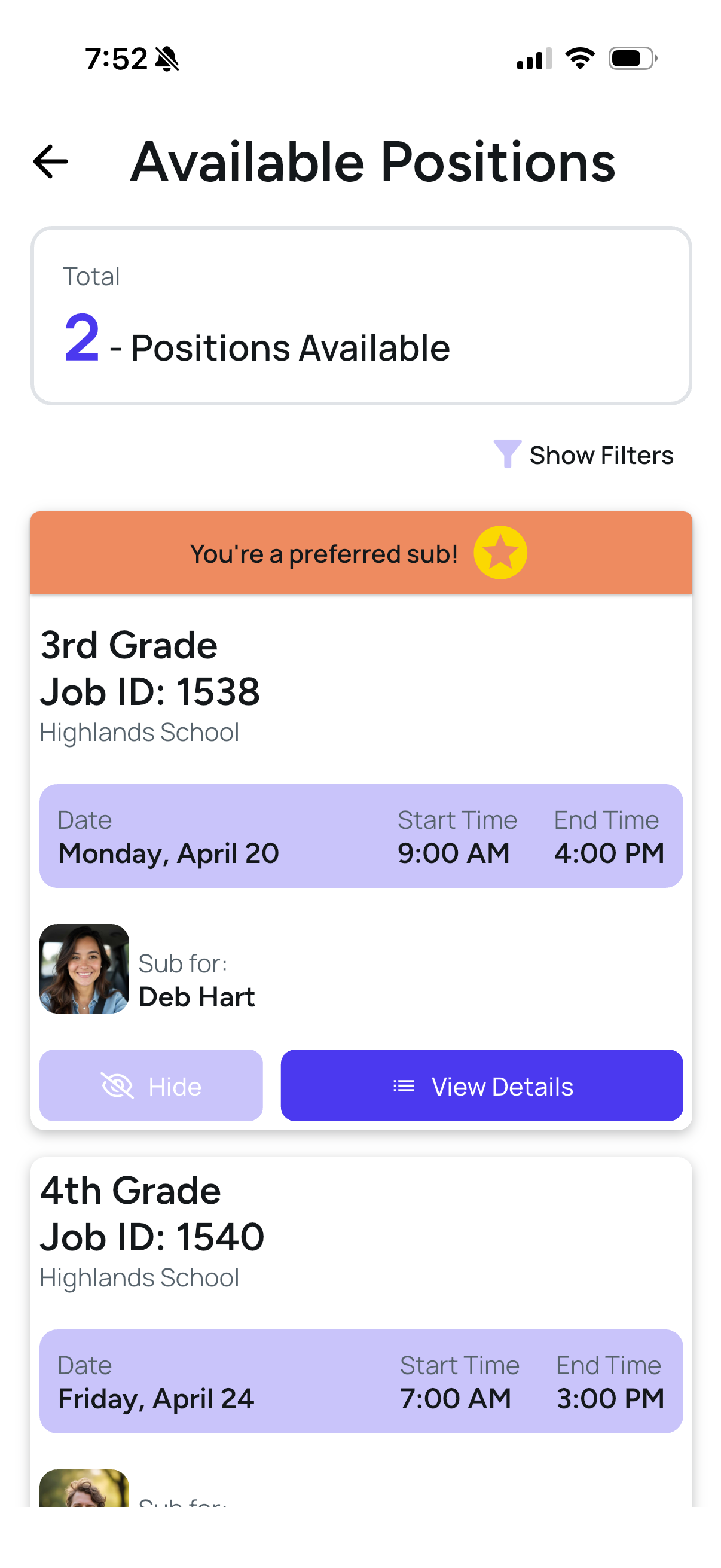 FillMyClass - Available Positions list