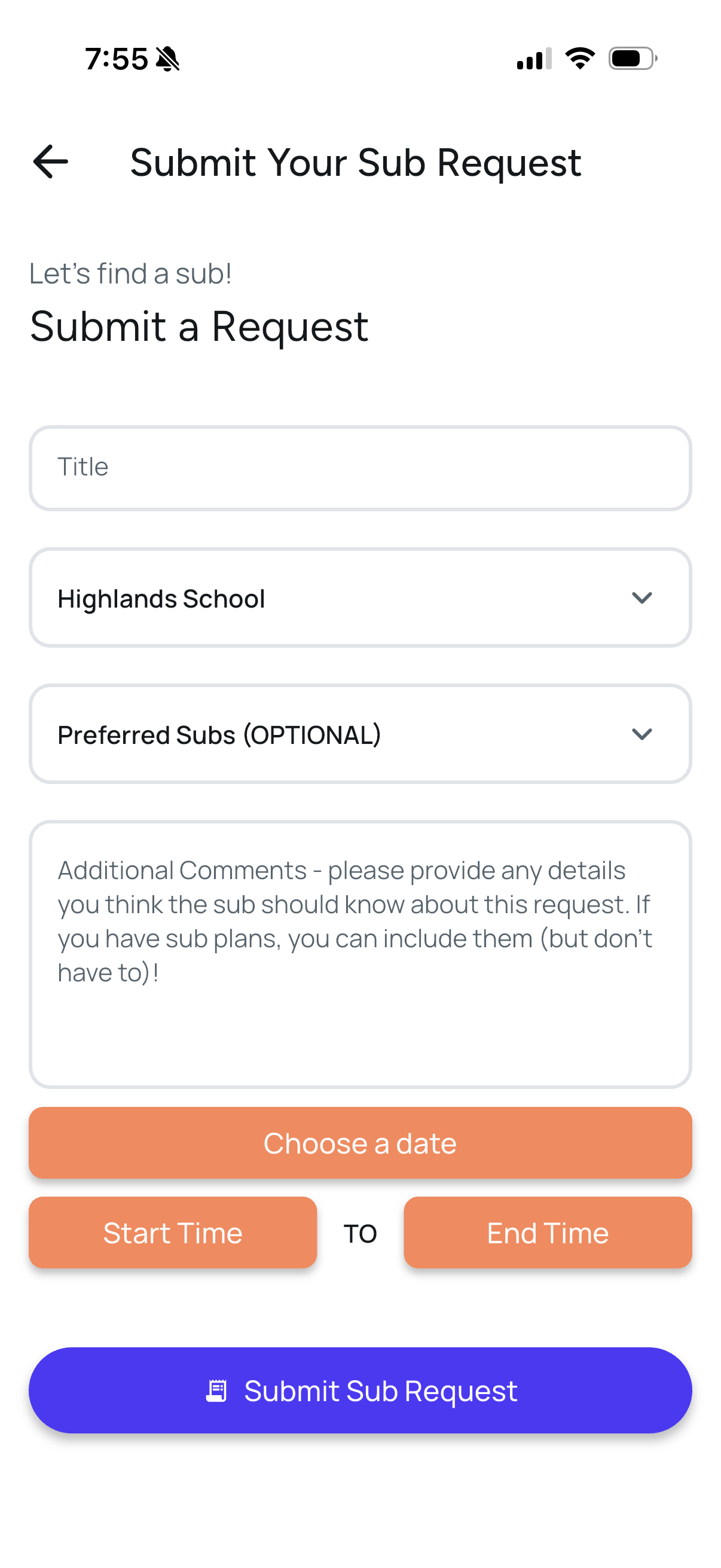 FillMyClass teacher sub request form
